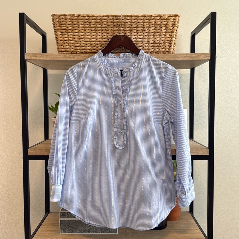 Talbots Silver Stripe Poplin Cotton Woven 1/2 Placket Collar Button Up Blouse, S - Picture 1 of 6